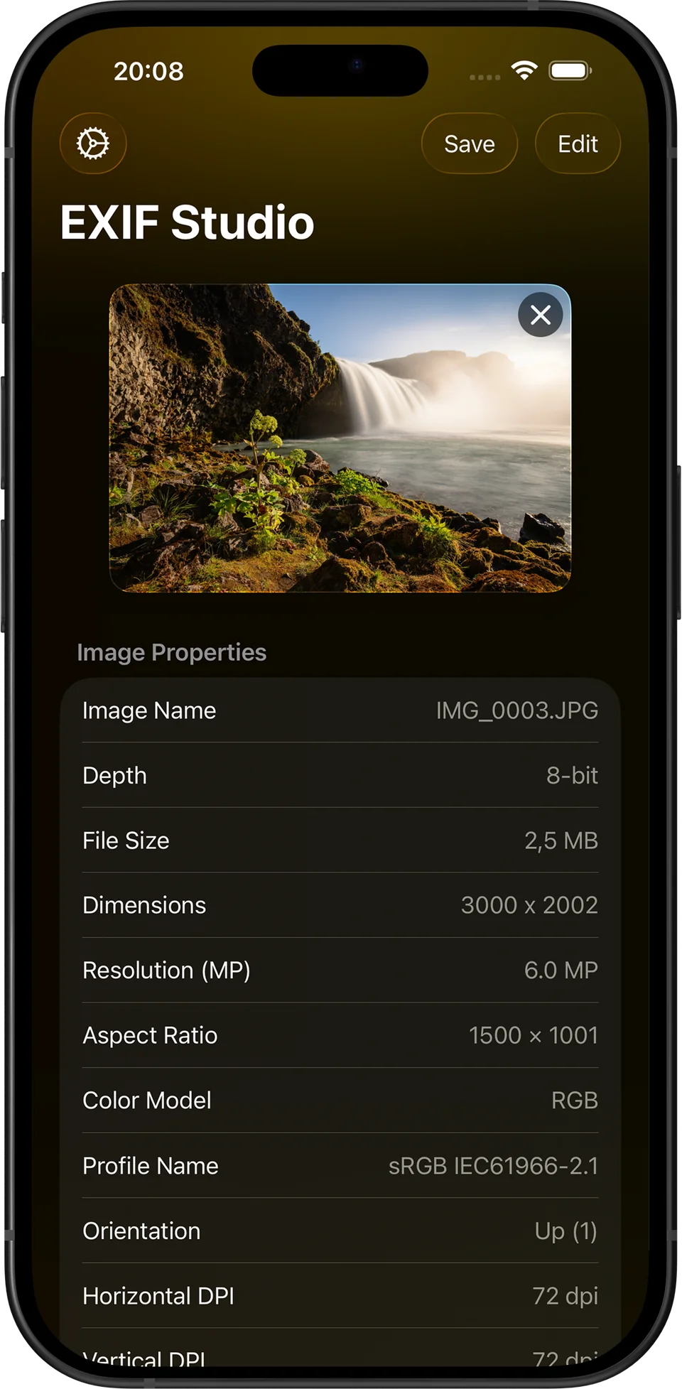 EXIF Studio app screen with device frame