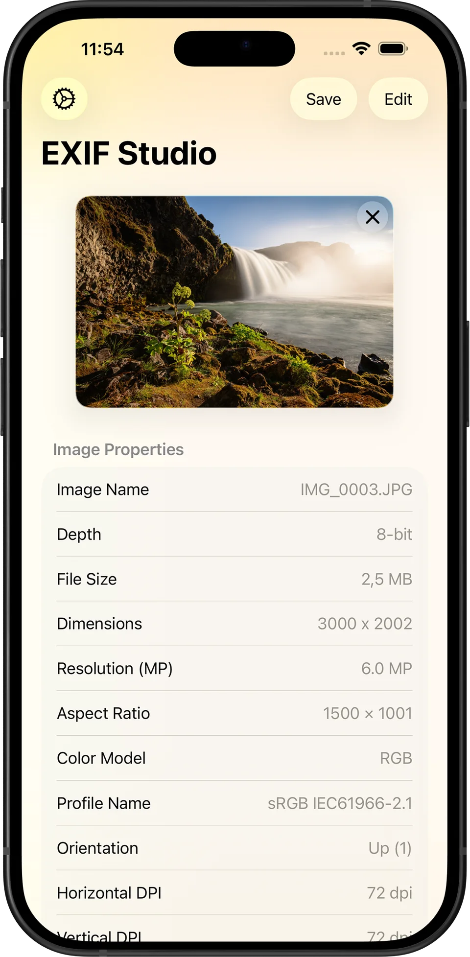 EXIF Studio app screen with device frame