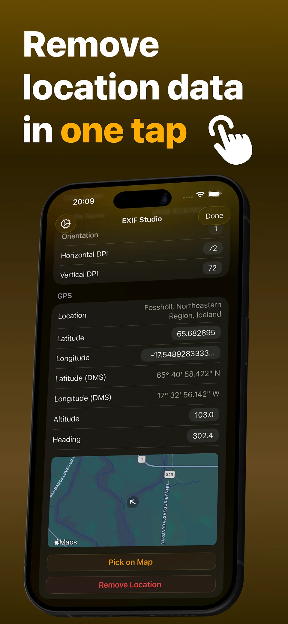 GPS section with one-tap location removal
