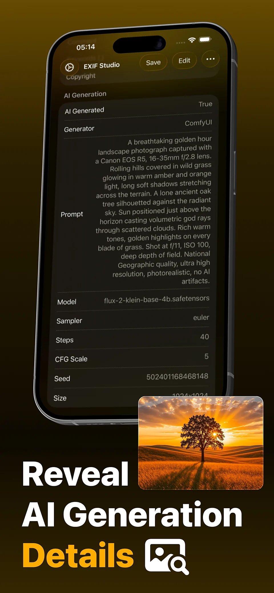 AI generation details revealed for a photo